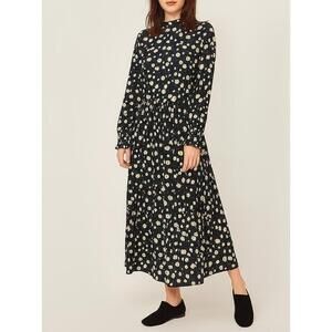 Draper James Dress Womens Size M Navy Blue Floral Tiered Ruffled Mock Neck Boho